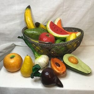 Paper Mache Fruits & Vegetables 18 Pieces, Handmade in Mexico. Basket Included.